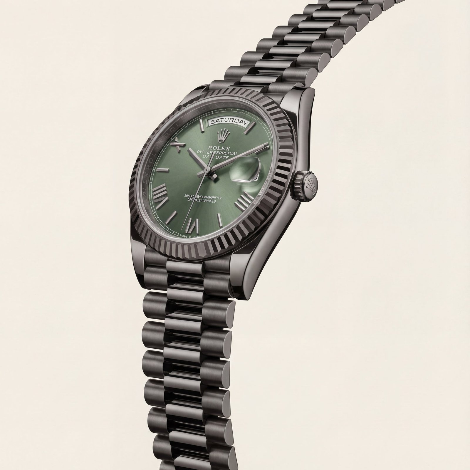 Forest Green Fluted Bezel Day-Date Steel Watch