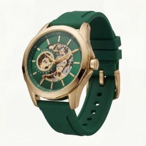 Gold Skeleton Automatic Dial Green Silicone Strap Men’s Watch