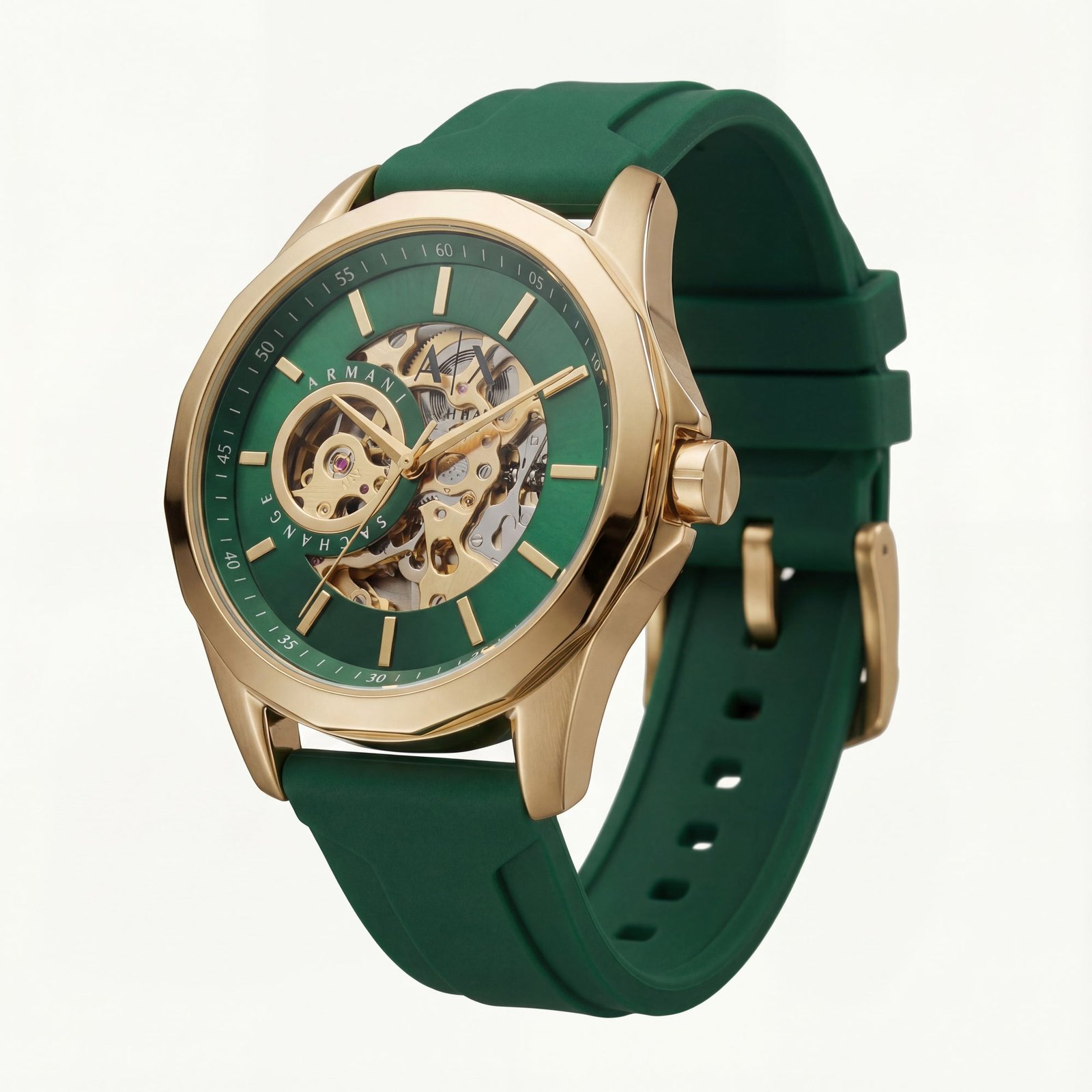Gold Skeleton Automatic Dial Green Silicone Strap Men’s Watch