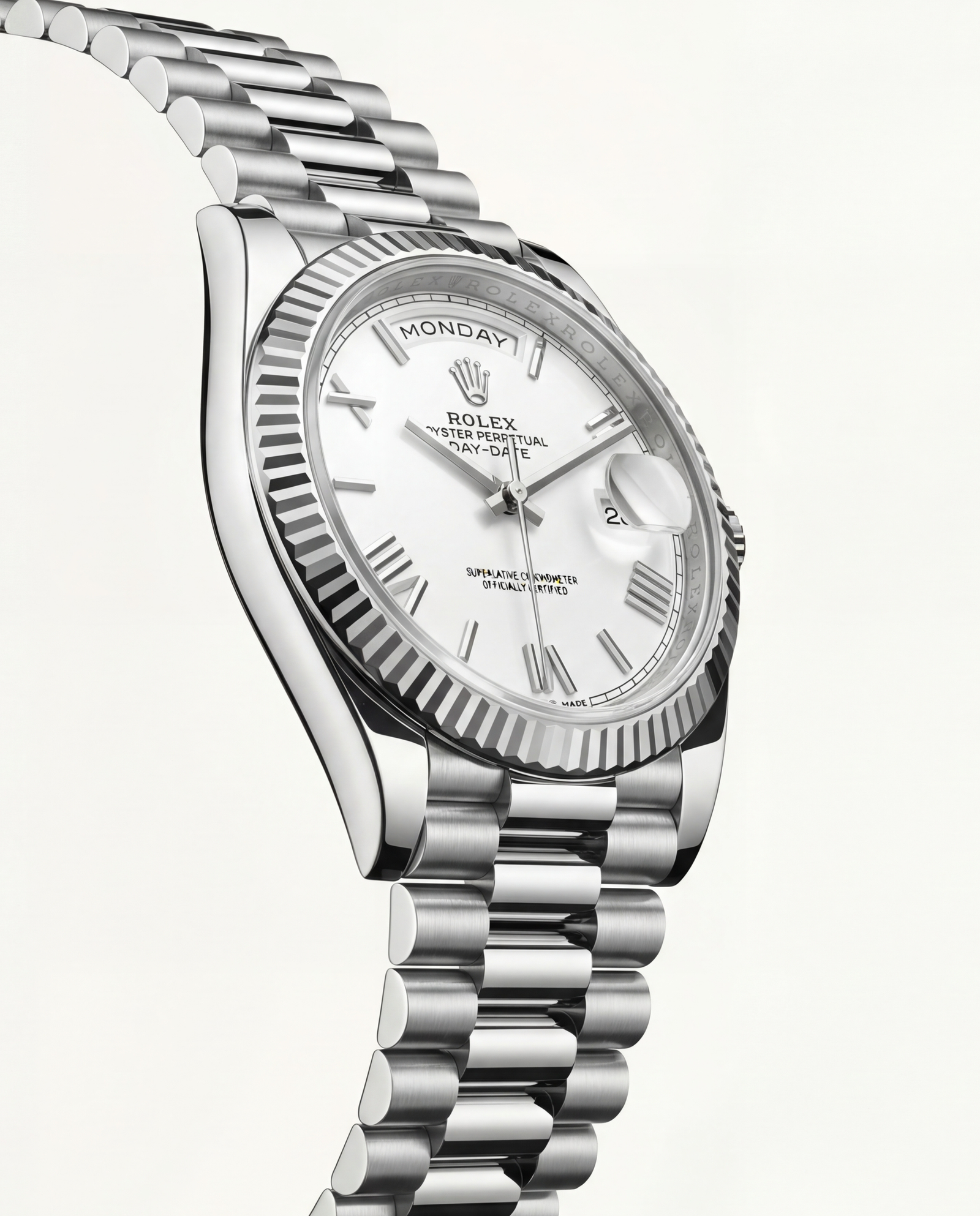 Classic White Dial Fluted Steel Day-Date Watch